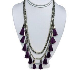 Double Strand Gold Tone Curb Chain Statement Necklace With Purple Tassels (5452)